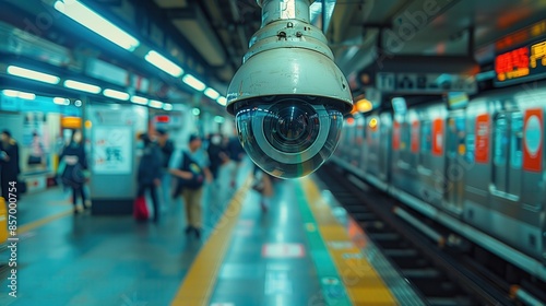 Surveillance Camera in Subway Station. Close-up of a security camera in a busy subway station, focusing on surveillance and public safety.