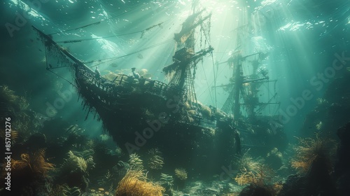 An underwater shipwreck, covered in seaweed and illuminated by sunrays breaking through the water surface, portrays a hauntingly beautiful sunken relic of the sea.