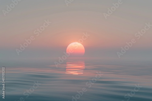 A stunning image of a minimalist sunset over the ocean, with the sun dipping below the horizon, creating a soft, hazy glow. Generative AI