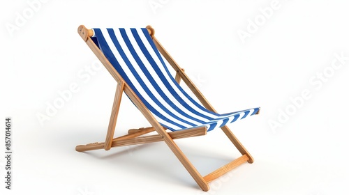 A classic wooden beach chair with blue and white stripes, isolated on a white background, high-definition, sharp details, studio lighting
