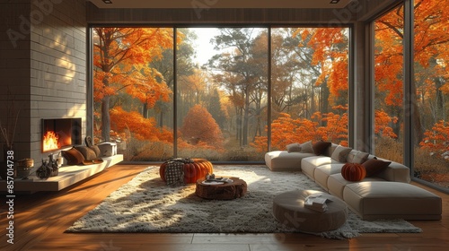 A cozy living room featuring modern and stylish decor with a fireplace, large windows providing a scenic view of vibrant fall foliage and an inviting autumn atmosphere.