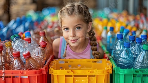 A young girl with braided hair is surrounded by colorful bins filled with plastic bottles, actively participating in recycling, symbolizing hope and conscientiousness for the future.