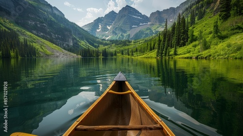 Visualize a serene mountain lake surrounded by lush greenery. Imagine a canoe gliding smoothly across the calm water, with the reflection of the towering peaks mirrored on the surface.