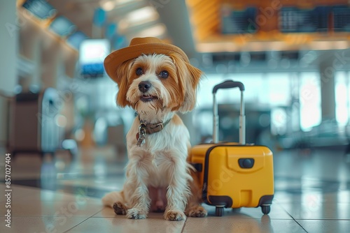 Cute dog with travel suitcase at airport. Travel and vacation concept, Ai Generated