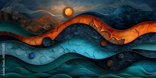 abstract surreal illustration of a sunset ocean landscape in warm and cold colors