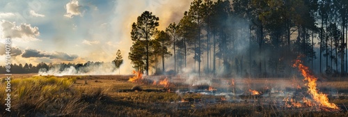 A controlled fire burns in a grassy field surrounded by trees as part of a prescribed burn. Smoke billows from the controlled flames, providing a dramatic backdrop for the forest landscape