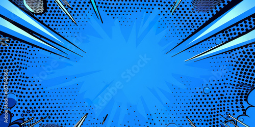 A blue comic-style background designed with ample copy space. This background incorporates elements reminiscent of comic book art, such as bold outlines, halftone textures, and dynamic shapes