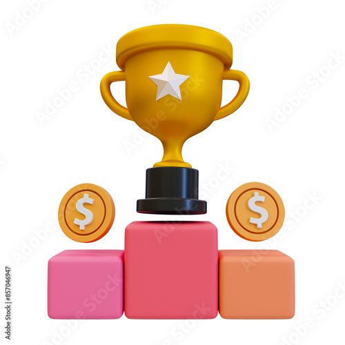 3D illustration of a trophy with coins and a podium, symbolizing financial success, achievement, and business victory.