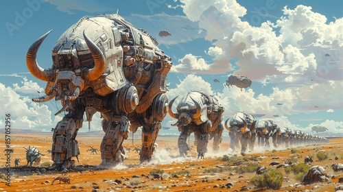 The ground trembles beneath your feet as a herd of colossal, armored behemoths stampedes across the alien plains. Illustration, Minimalism,