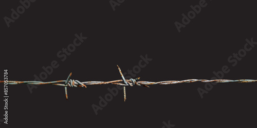 Old barb wire with iron rust isolated graphic illustrated on black background.