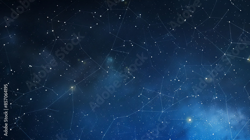 A night sky background with highlighted zodiac constellations, delicate lines, and star details. Starry night sky with constellations and nebulae. Design for wallpaper, poster, and print.