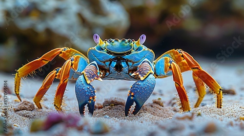 A colorful reef crab scuttles across the sandy bottom, its claws raised in a defensive posture. Illustration, Minimalism,