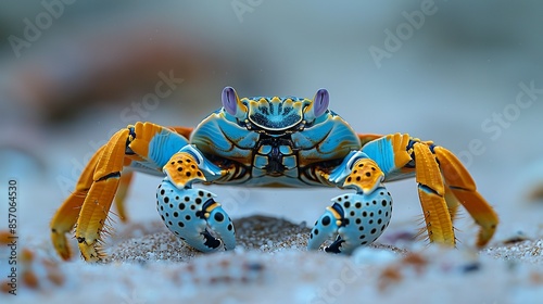 A colorful reef crab scuttles across the sandy bottom, its claws raised in a defensive posture. Illustration, Minimalism,