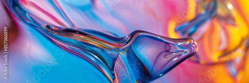 A close-up view of an abstract background created using colorful chromatic glass material. The image showcases fluid shapes and vibrant colors