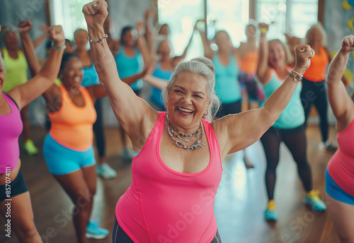 Active Senior Women in Sportswear Enjoying Zumba Class in Fitness Room