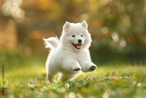 Energetic samoyed puppy running joyfully in meadow playful beauty captured in high quality image