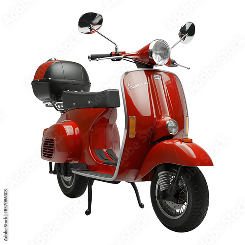 A red Vespa scooter is parked on a white background