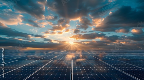 Surface of solar panels on photovoltaic power station against cloudy sky