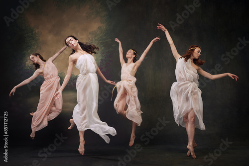 Beautiful girls, ballerinas leaping gracefully in motion, as mythological muses against vintage studio background. Concept of ballet, history and classic, fusion of modernity and ancient times in art.