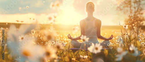 A serene scene of a woman meditating in a blooming daisy field at sunset, surrounded by nature’s tranquility and warm hues.