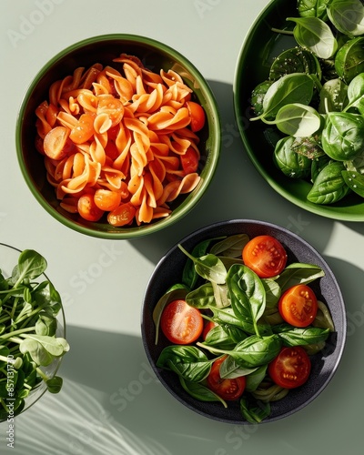 Aerial shot of healthy and colorful salads with pasta, fresh vegetables, and greens in bowls on light green background.