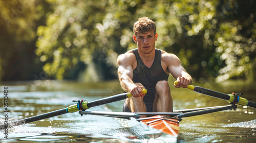 A single rower propels their boat through a calm river, surrounded by lush greenery and bathed in sunlight. The rowers focused expression reveals their dedication to the sport