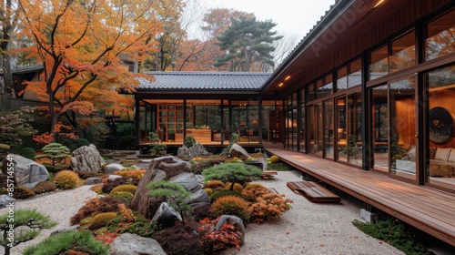 A modern Japanese-style house with large windows, surrounded by an intricate garden and stone sculpture in the yard. The home features natural wood accents on its exterior walls, while inside it has