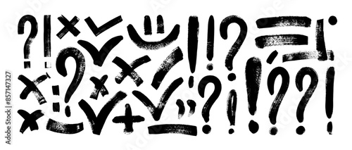 Hand drawn various punctuation signs, check marks, exclamation and question marks, brackets.