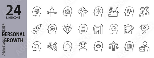 Personal Growth line icons set with Career, Professional, Rise, Goal, Progress, Success, Growth, Potential, Option, Motivation, Business, Idea, Focus, Result, Strategy and more. Editable Stroke