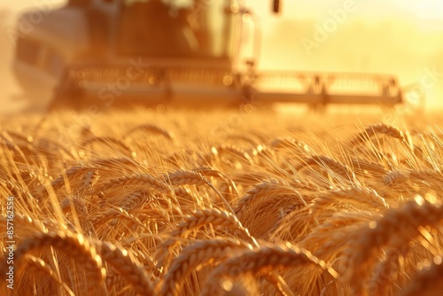 A closeup of a harvester machine working in a golden wheat field