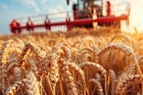 A closeup of a harvester machine working in a golden wheat field