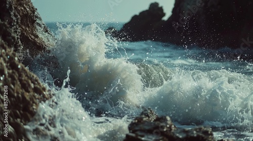 Waves crashing against a rocky shoreline