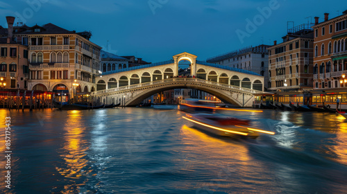 A serene evening view of the Rialto Bridge in Venice, illuminated over a calm Grand Canal with blurred motion of boats passing underneath.