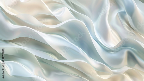 Waves of luxurious, pearly fabric ripple gracefully, creating a serene and elegant visual flow.