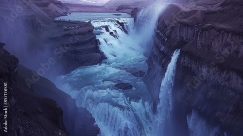 Waterfall in a Canyon Created by the Flowing River