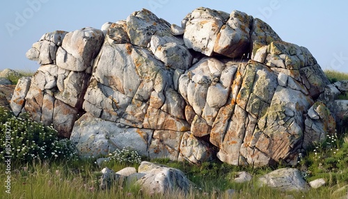 A granite outcrop, with its rugged, weathered appearance, under a clear blue sky.