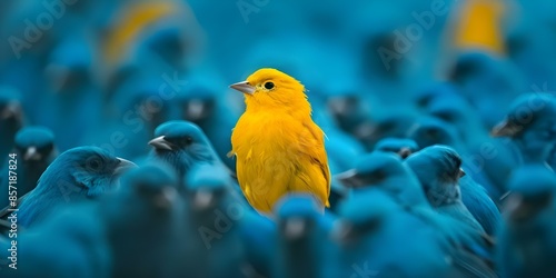 Unique yellow bird among blue birds symbolizes individuality and courage in society. Concept Individuality, Courage, Unique, Society, Symbolism