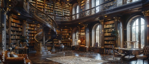 A grand library with towering bookshelves and a spiral staircase, captured in 8k uhd