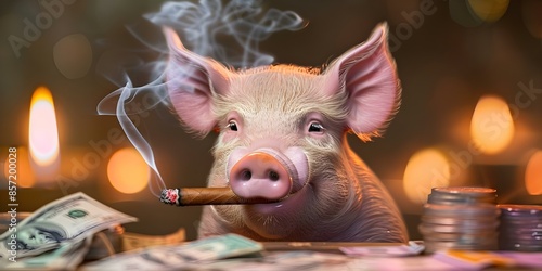 A greedy businessman pig smoking a cigar surrounded by money on a table. Concept Description, Greedy Businessman, Smoking Cigar, Money Table, Wealth Symbolism, Corporate Greed