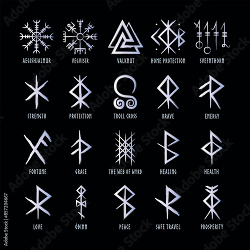 Full editable collection of norse symbols with meanings like protection, love, healing, safe travelling, compass, good luck, brave or courage and more. 