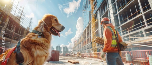 Construction worker and a dog on a building site, sunny day, teamwork, safety gear, urban development, companionship, progress.