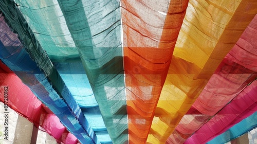 A canopy of dyed silk banners creating a vibrant ceiling in the courtyard cafÃ©.