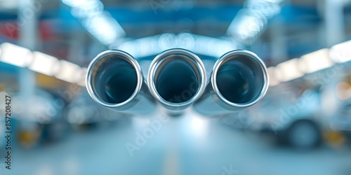 Industrial plant uses palladium in car exhaust systems to reduce emissions. Concept Industrial Manufacturing, Palladium Usage, Car Emissions, Environmental Impact