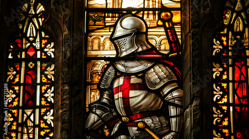 stained glass of a templar knight with armor in a colorful window of a church or cathedral. warrior monks crusaders to make holy war