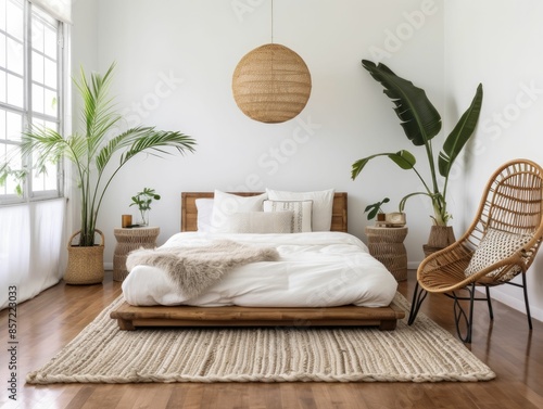 A minimalist bedroom with a bohemian flair. The space includes a low bed with white sheets, a macrame wall hanging, a woven jute rug, and a single rattan chair. The room has white walls and wooden flo