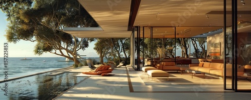 Mid-century modern beach house with floor-to-ceiling windows.