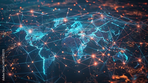 A world map overlaid with interconnected lines and nodes, representing the concept of globalization, international trade, and the interconnectedness of the global economy