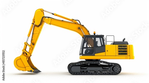 Yellow excavator on a white background, detailed and clean, side view, hyperrealistic, high resolution