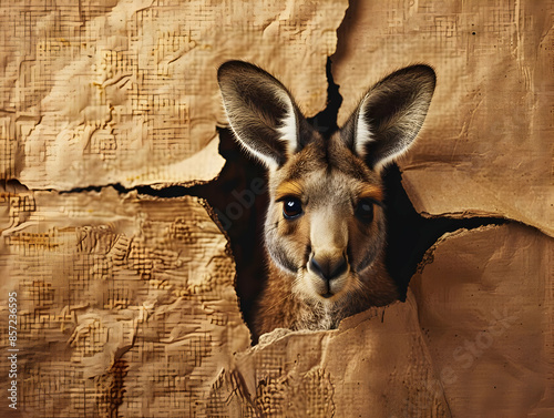 A kangaroo looking through a torn hole