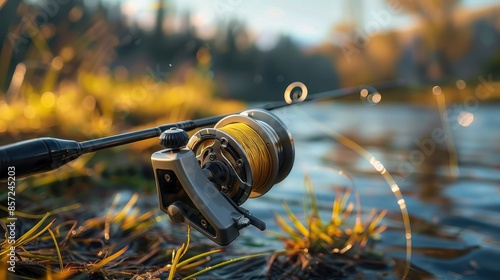 Close-up picture of a fishing rod and reel with wire against the scenic backdrop of a riverside, illustrating the tools of an angler and the serene beauty of fishing in nature.